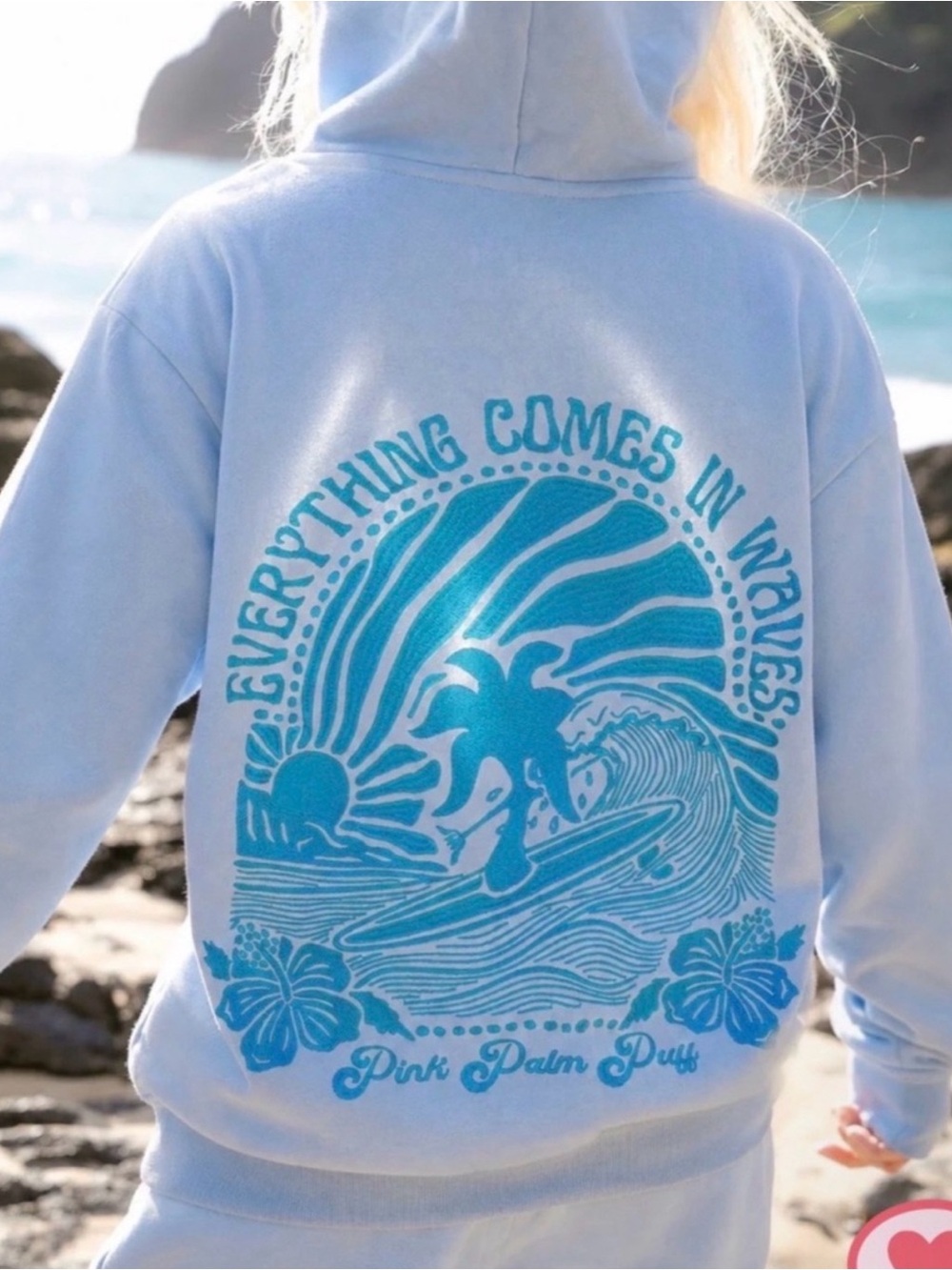 PINK PALM PUFF Everything Comes in Waves Blue Hoodie Size XXS GUC